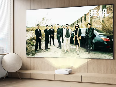 Wall mounted TV Showing Group Photo In Modern Living Room With Wooden Wall And Projector 3d model