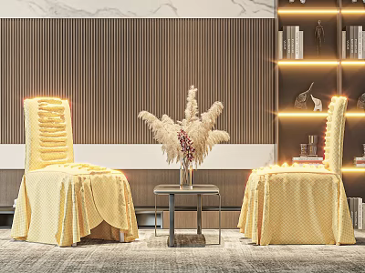 Yellow Slipcovered Leisure Chairs With Pampas Grass On Side Table Striped Wall And Bookshelf 3d model