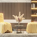 Yellow Slipcovered Leisure Chairs With Pampas Grass On Side Table Striped Wall And Bookshelf