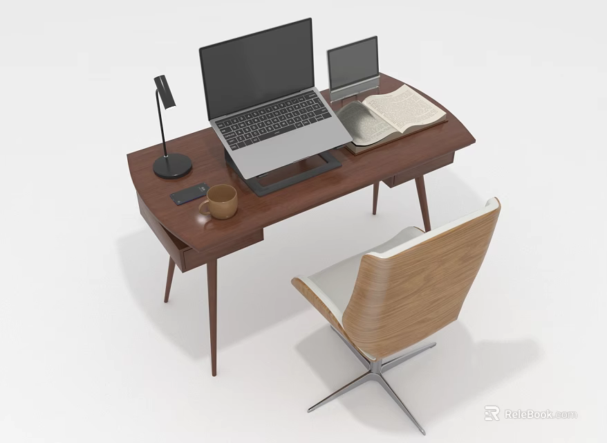 Wooden Office Desk Setup With Laptop Tablet Open Book Desk Lamp Coffee Cup And Chair 3d model 