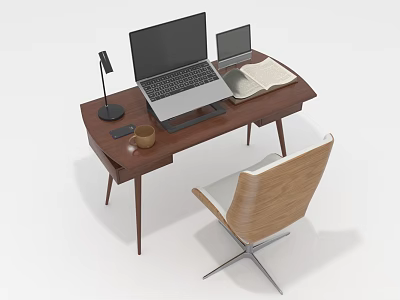 Wooden Office Desk Setup With Laptop Tablet Open Book Desk Lamp Coffee Cup And Chair 3d model