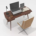 Wooden Office Desk Setup With Laptop Tablet Open Book Desk Lamp Coffee Cup And Chair