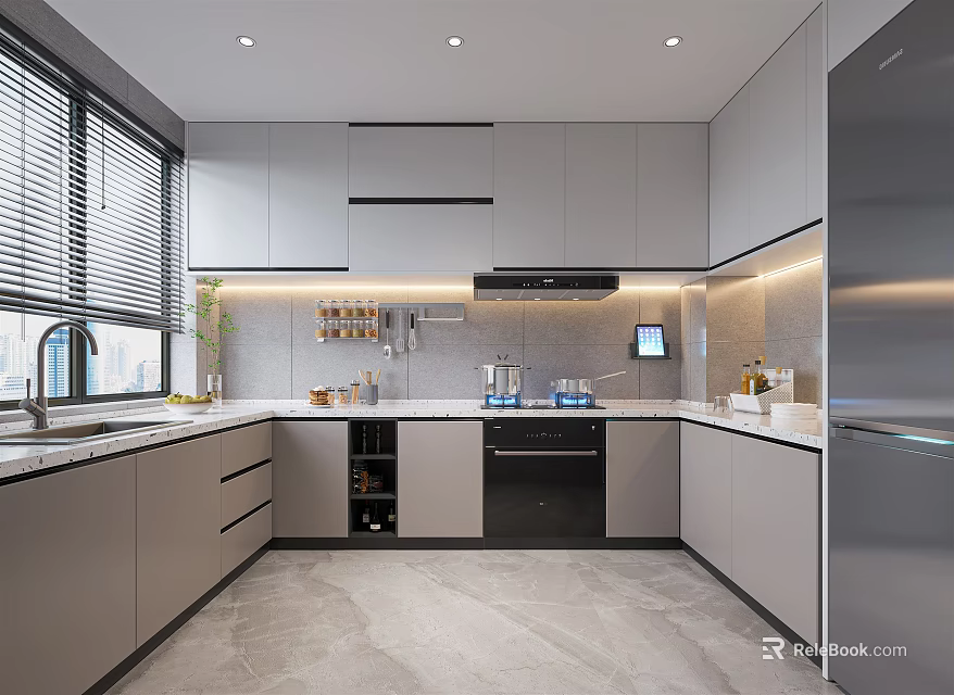 Modern Gray Kitchen Interior With Island Countertop And Stainless Steel Appliances 3d model 