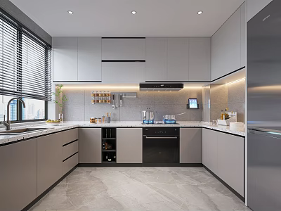 Modern Gray Kitchen Interior With Island Countertop And Stainless Steel Appliances 3d model