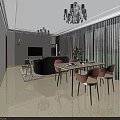Modern Living And Dining Room With Chandeliers Yellow Armchair Gray Sofa Coffee Tables Large Windows