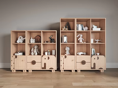 Wooden Entryway Side Cabinet with Cute Animal Shaped Doors and Toys Books Decorations 3d model