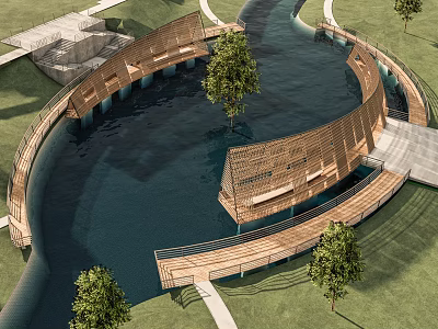 Modern Curved Wooden Landscape Bridge Over Water With Trees And Walkway Design 3d model