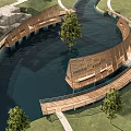 Modern Curved Wooden Landscape Bridge Over Water With Trees And Walkway Design
