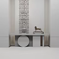 Elegant Console Table With Brass Lion Ornament Geometric Screen Lighting And Marble Decor 3d model