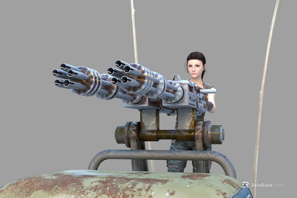Rusty Utility Vehicle With Large Multi Barrel Cannon And Woman Standing On Top 3d model 