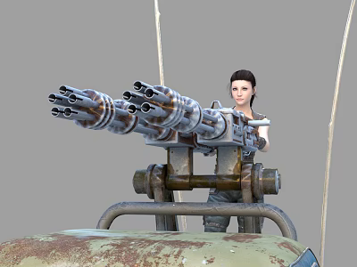 Rusty Utility Vehicle With Large Multi Barrel Cannon And Woman Standing On Top 3d model