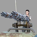 Rusty Utility Vehicle With Large Multi Barrel Cannon And Woman Standing On Top
