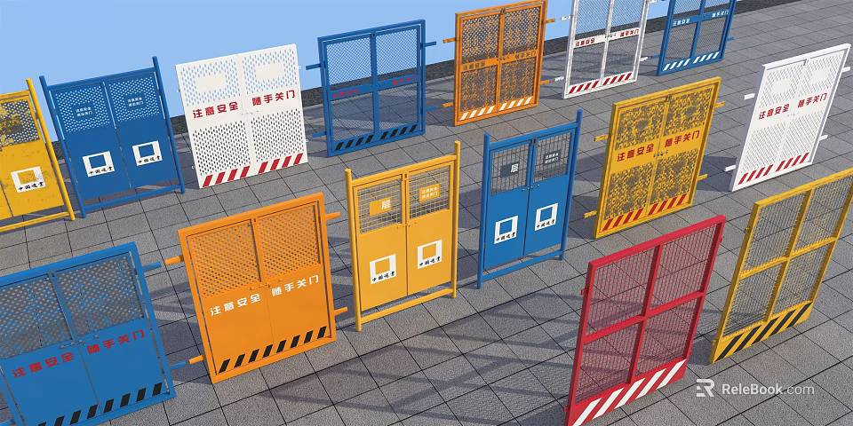 Various Colored Construction Safety Gates With Warning Signs And Protective Features 3d model 