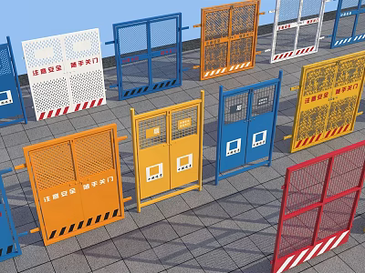 Various Colored Construction Safety Gates With Warning Signs And Protective Features 3d model