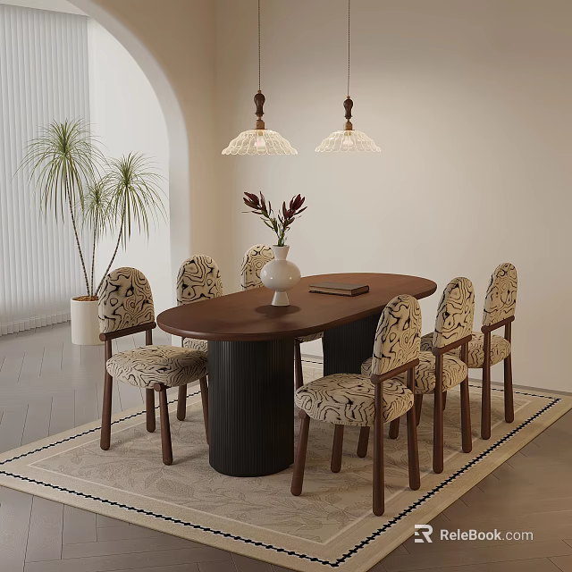 Warm Retro Solid Wood Oval Dining Table Set With Six Patterned Upholstered Chairs 3d model 