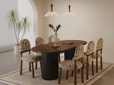 Warm Retro Solid Wood Oval Dining Table Set With Six Patterned Upholstered Chairs 3d model