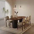 Warm Retro Solid Wood Oval Dining Table Set With Six Patterned Upholstered Chairs