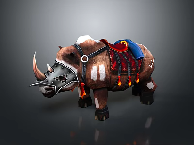 Decorated Brown And White Rhinoceros With Saddle Armor And Flame Decorations 3d model