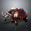 Decorated Brown And White Rhinoceros With Saddle Armor And Flame Decorations