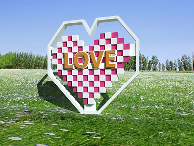 Heart Shaped Photo Spot With Pink White Checkered LOVE And Green Grassland 3d model