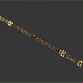 Ornate Staff Weapon with Intricate Carved Metal Ends and Red Shaft Design