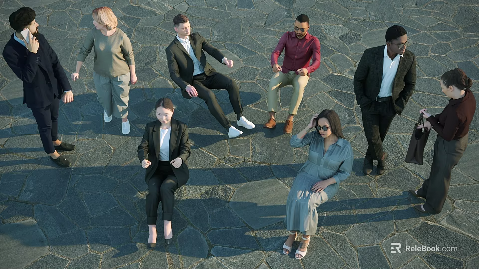 Diverse Group of People Standing and Sitting on Stone Pavement in Formal Attire 3d model 