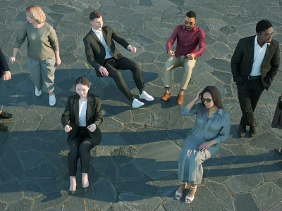 Diverse Group of People Standing and Sitting on Stone Pavement in Formal Attire 3d model