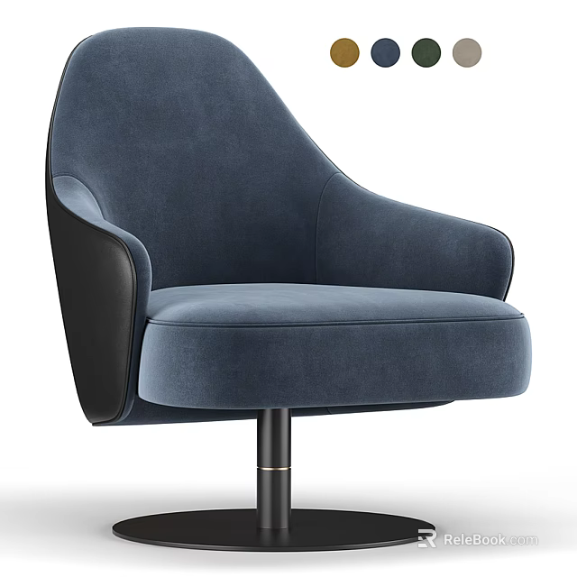 Dark Blue Velvet Single Sofa With Black Armrest And Metal Pole Base 3d model 