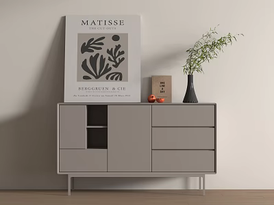 Modern Gray Entryway Sideboard Cabinet With Matisse Art Print Vase Plant And Decorative Items 3d model