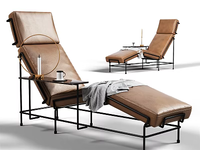 Modern Brown Leather Lounge Chair With Metal Frame Side Table And Ottoman 3d model