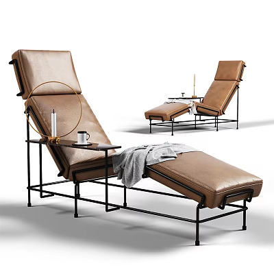 Modern Brown Leather Lounge Chair With Metal Frame Side Table And Ottoman 3d model