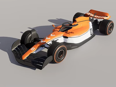 Orange and white race car featuring streamlined aerodynamic bodywork and large performance wheels 3d model