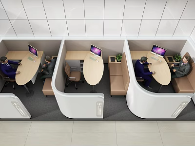 Modern Office Cubicles With Work Desks Computers Plants And Seating For Collaborative Workspace 3d model