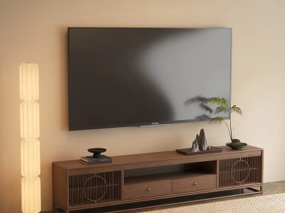 Modern Wooden TV Stand with Circular Lattice Doors Decorative Rockery and Floor Lamp 3d model