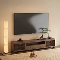 Modern Wooden TV Stand with Circular Lattice Doors Decorative Rockery and Floor Lamp