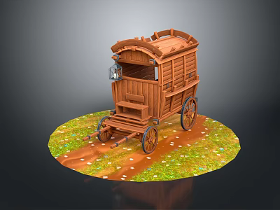 Vintage Wooden Cart With Classic Design On Grassy Ground And Dirt Trail 3d model