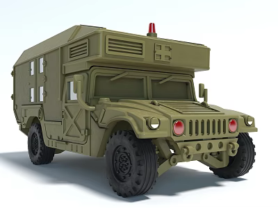 Military Green Functional Vehicle With Red Warning Light Off-Road Tires And Tall Body Design 3d model