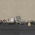 Modern Lounge Chairs With Wooden Frames And Upholstered Cushions On Wooden Floor With Side Tables