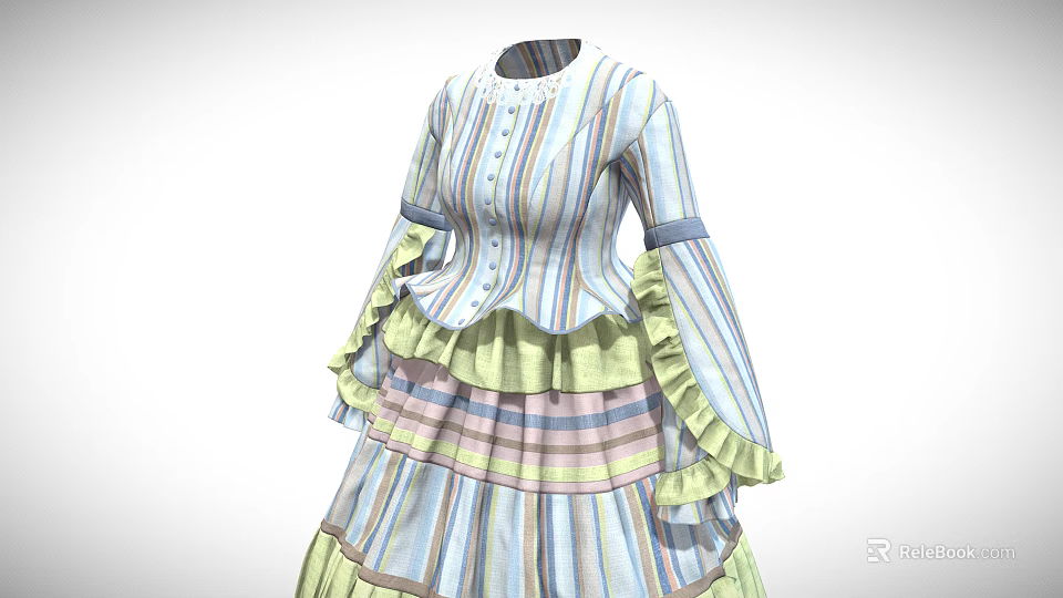 Vintage Striped Dress With Layered Ruffles Flared Cuffs And Pastel Colors 3d model 