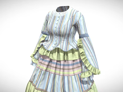 Vintage Striped Dress With Layered Ruffles Flared Cuffs And Pastel Colors 3d model