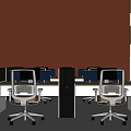 Modern Public Office Space With Light Brown Walls White Chairs Gray Cabinets And Blue Screens