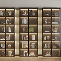 Elegant Modern Multi Tiered Display Cabinet With Glass Doors Books Vases Green Plants And Lighting