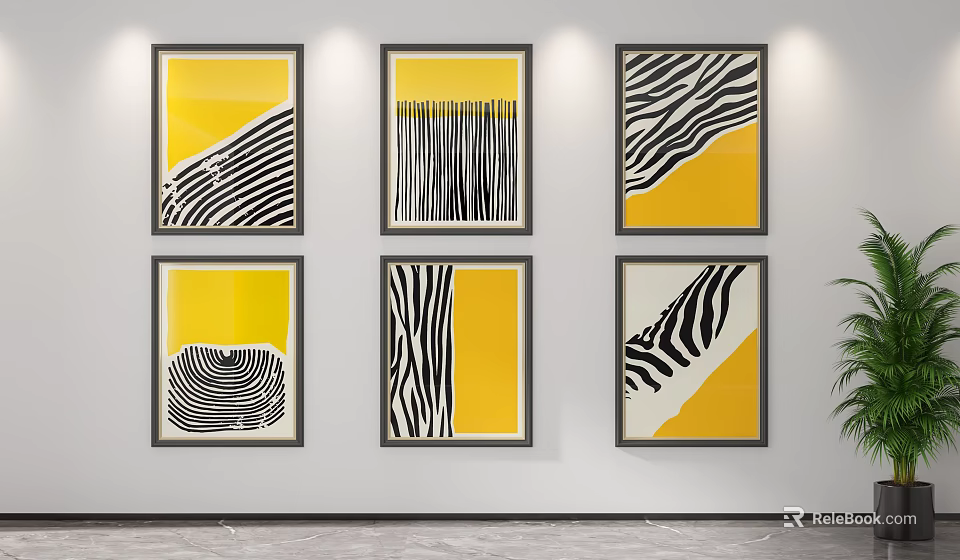 Modern Yellow Wall Art With Black White Stripes And Geometric Patterns In Frames 3d model
