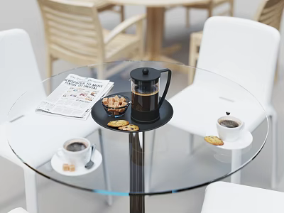 Outdoor Glass Top Table With Black Tray Coffee Press Cookies Newspaper And White Chairs 3d model