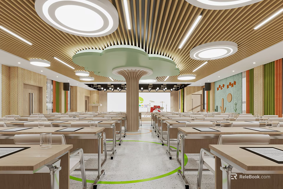 Modern Conference Room Interior Design With Neat Tables Chairs Round Ceiling Lights And Green Decor 3d model 