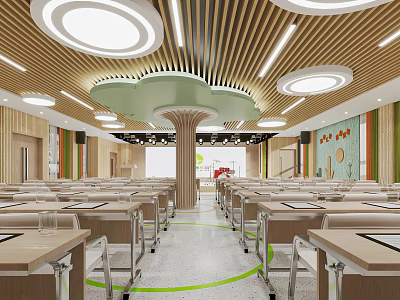 Modern Conference Room Interior Design With Neat Tables Chairs Round Ceiling Lights And Green Decor 3d model
