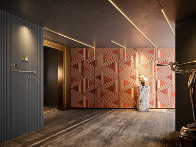 Hotel Corridor With Red Geometric Patterned Walls Ceiling Strip Lights Decorative Vase And Sculpture 3d model