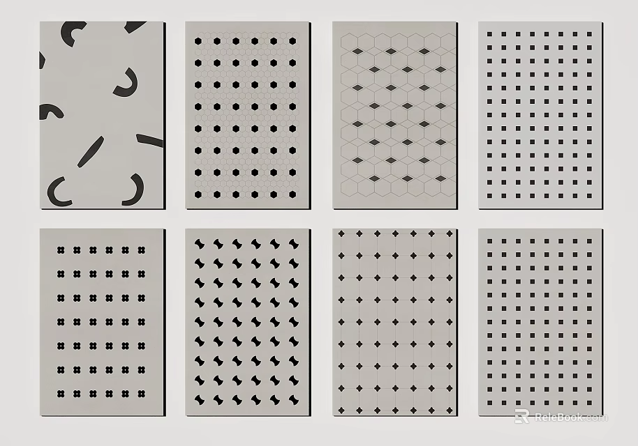 Geometric Pattern Designs With Various Shapes And Dot Line Arrangements On Gray Background 3d model 