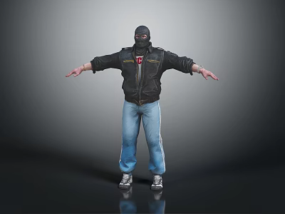 Masked Man in Black Leather Jacket Blue Jeans Arms Outstretched on Gray Reflective Floor Background 3d model