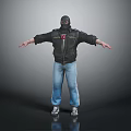 Masked Man in Black Leather Jacket Blue Jeans Arms Outstretched on Gray Reflective Floor Background